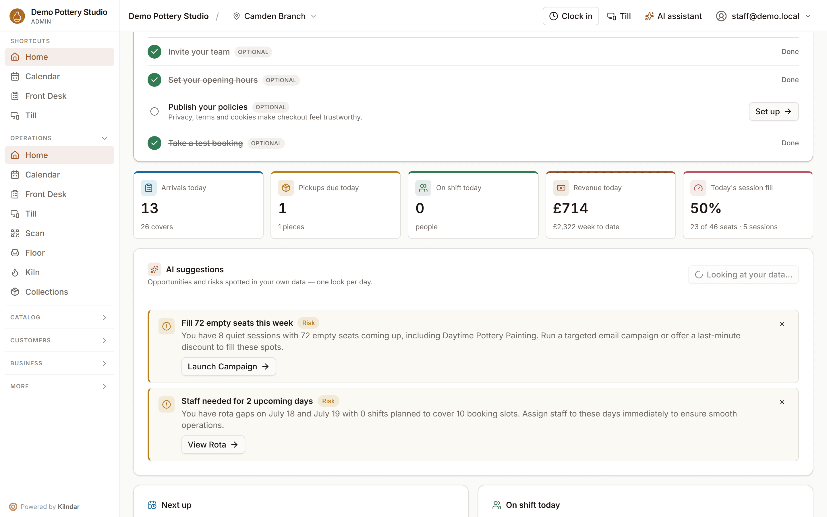 The Home dashboard: arrivals, pickups, on-shift, revenue and session-fill cards, with two AI suggestions underneath — quiet sessions to fill and rota gaps to plan