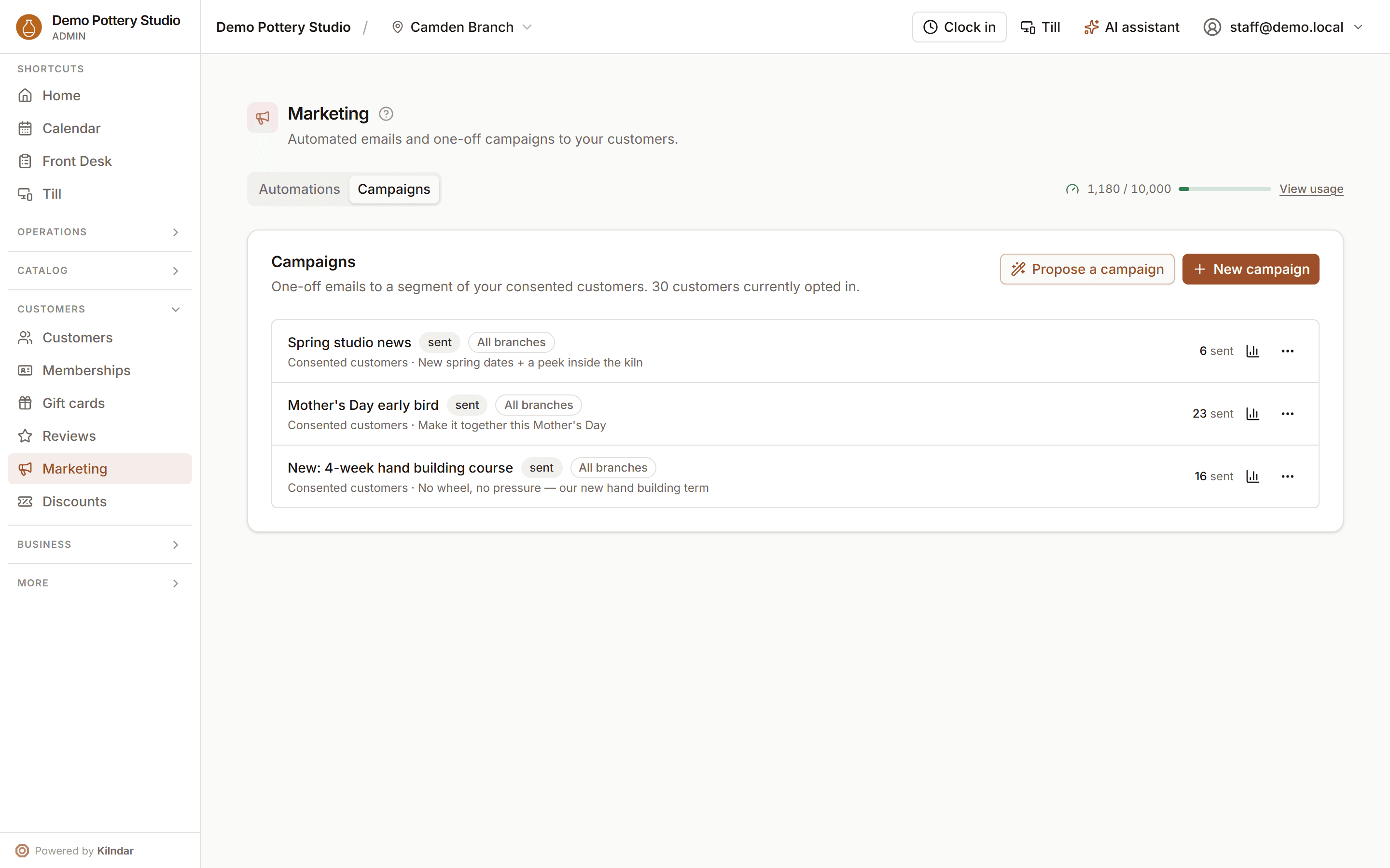 The marketing section: sent campaigns with audience segments and delivery counts