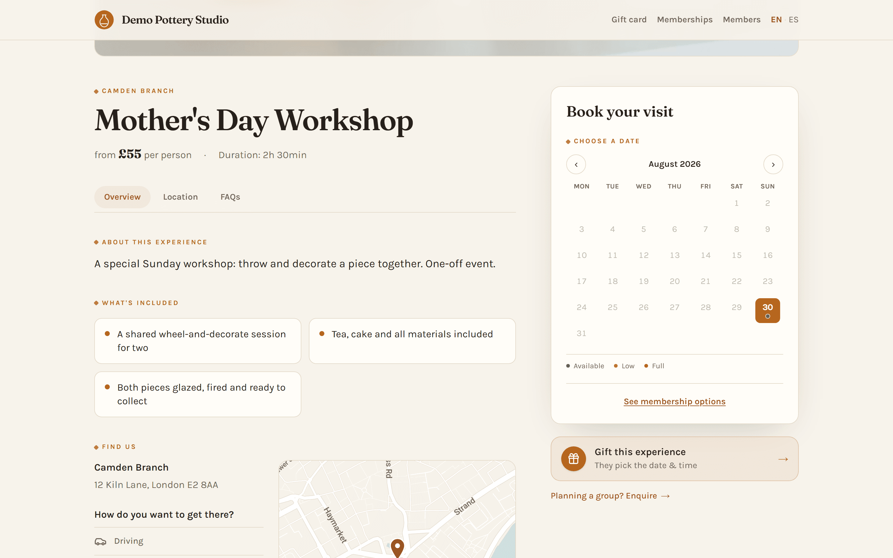 An experience landing page: gallery, highlights, availability calendar and the sticky booking rail