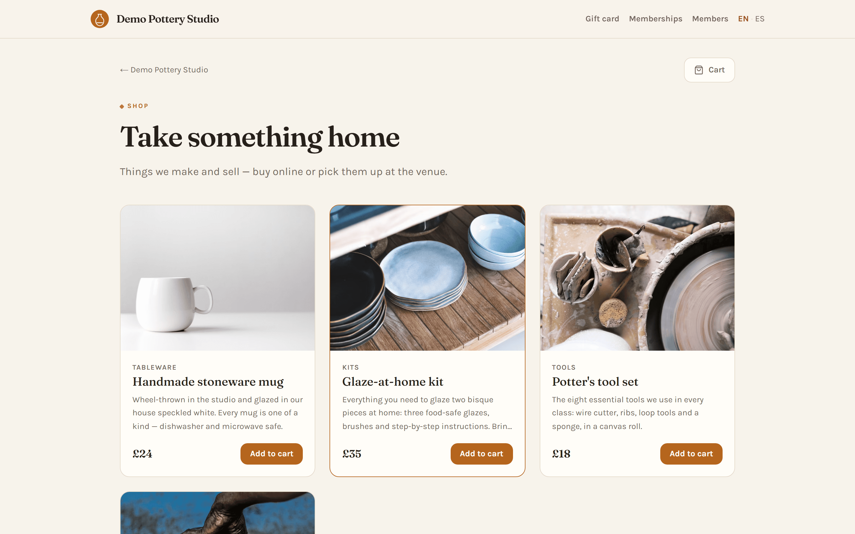 The public shop page: handmade stoneware mug, glaze-at-home kit and potter's tool set cards with prices and Buy buttons