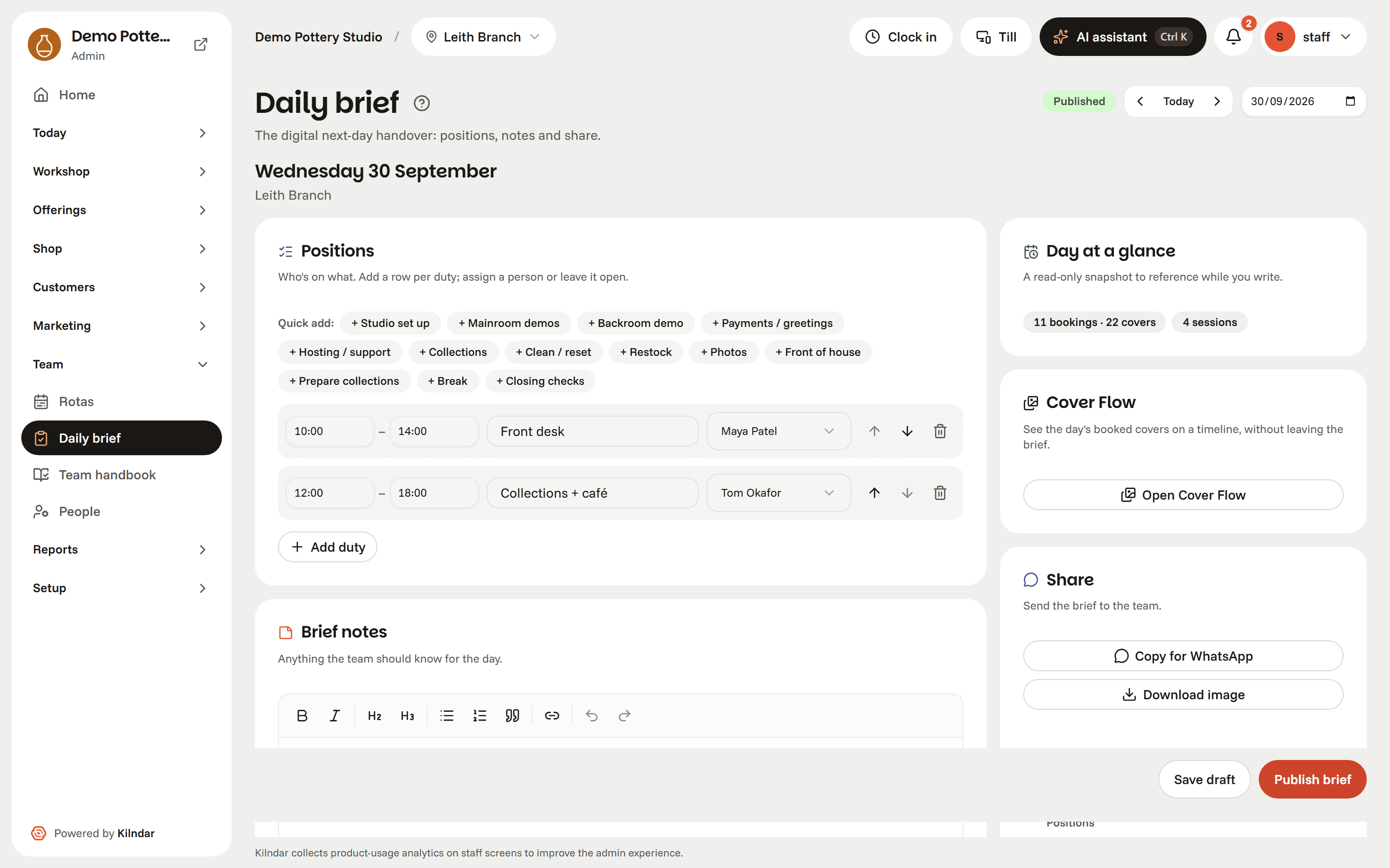 The daily brief editor: a positions roster with times and assigned staff, brief notes, day-at-a-glance bookings and sessions, and WhatsApp or image share