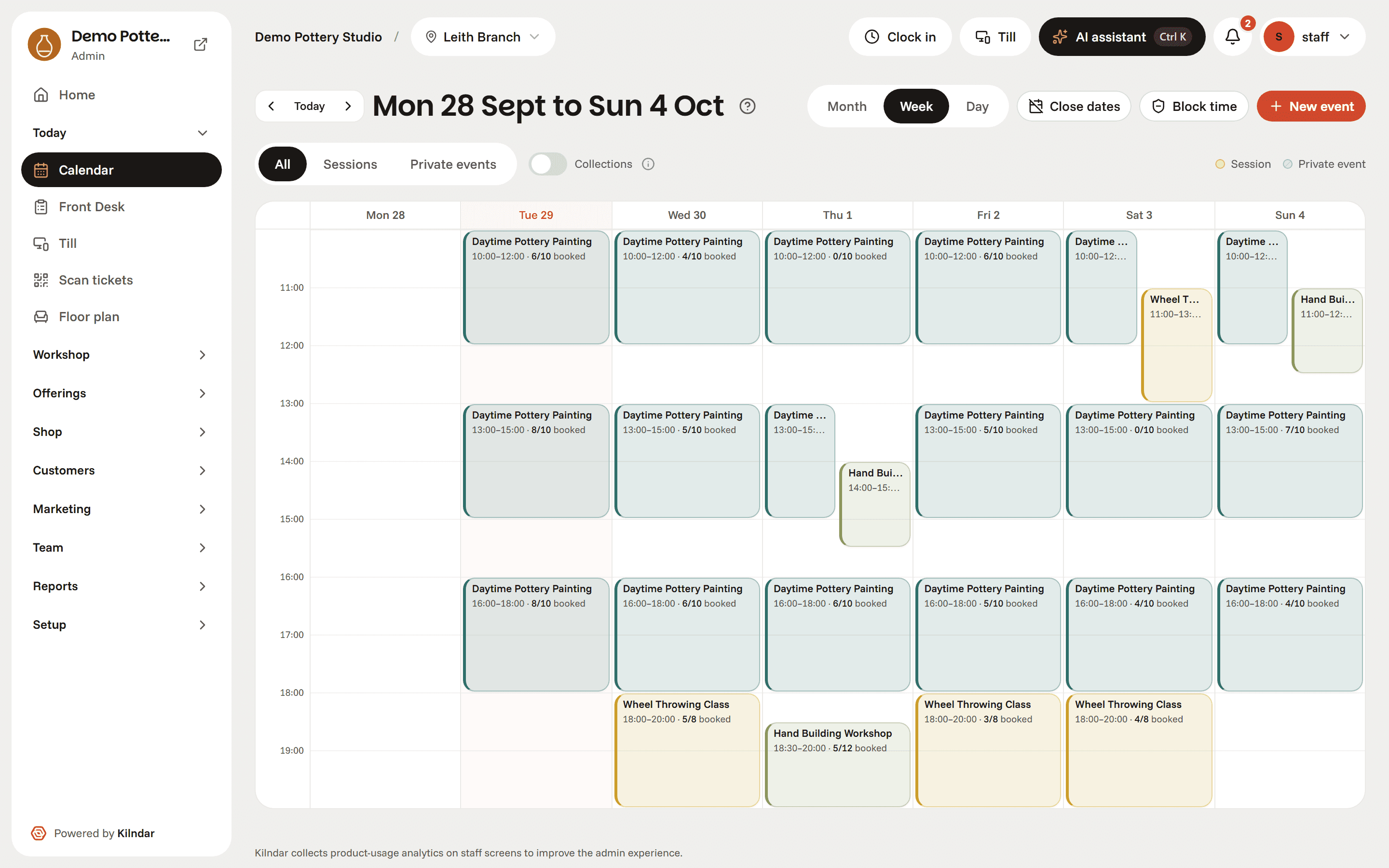 The operations calendar in week view, with the booked count on every session