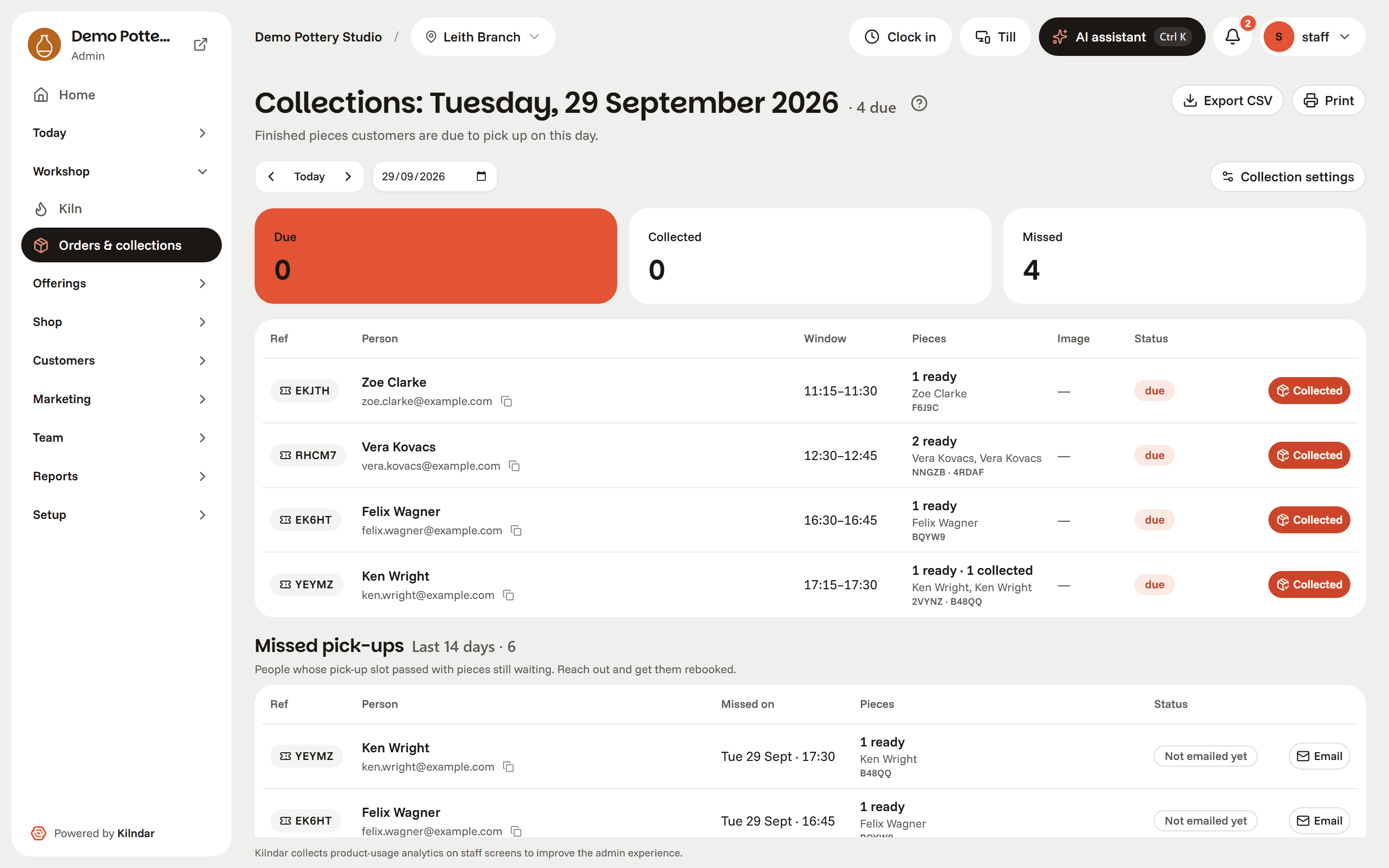 The collections board: the full pickup queue with a photo of each piece to find it fast