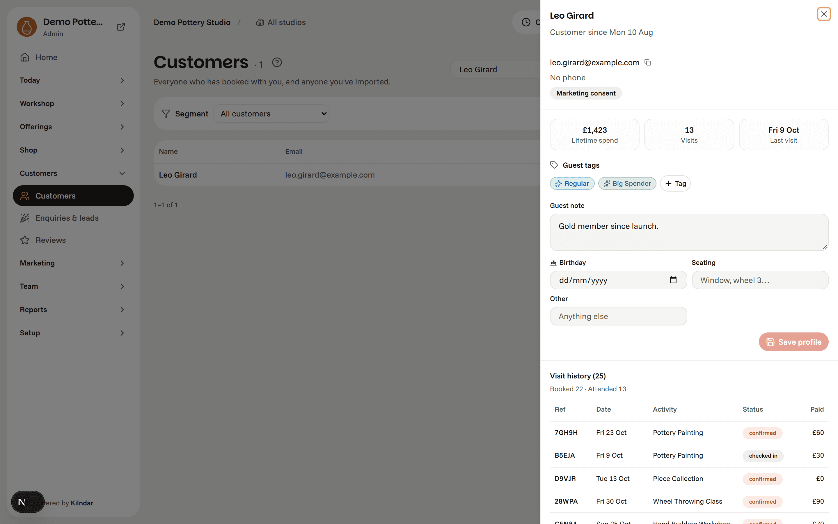 A guest record: lifetime spend, visits, tags, a staff note and the full visit history