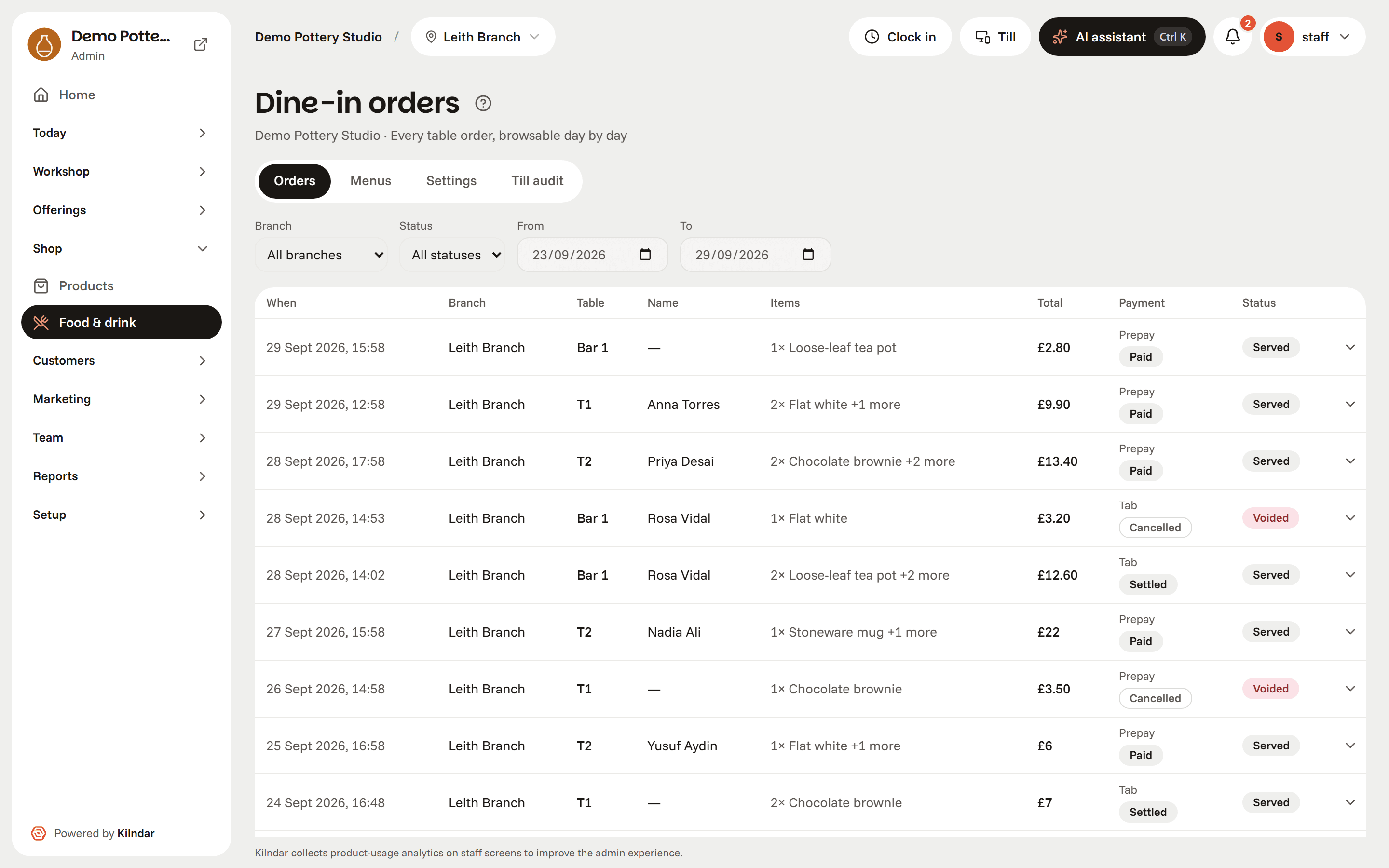 Dine-in orders: a week of table orders across prepay and settled tabs, with items, totals, payment and served status per ticket