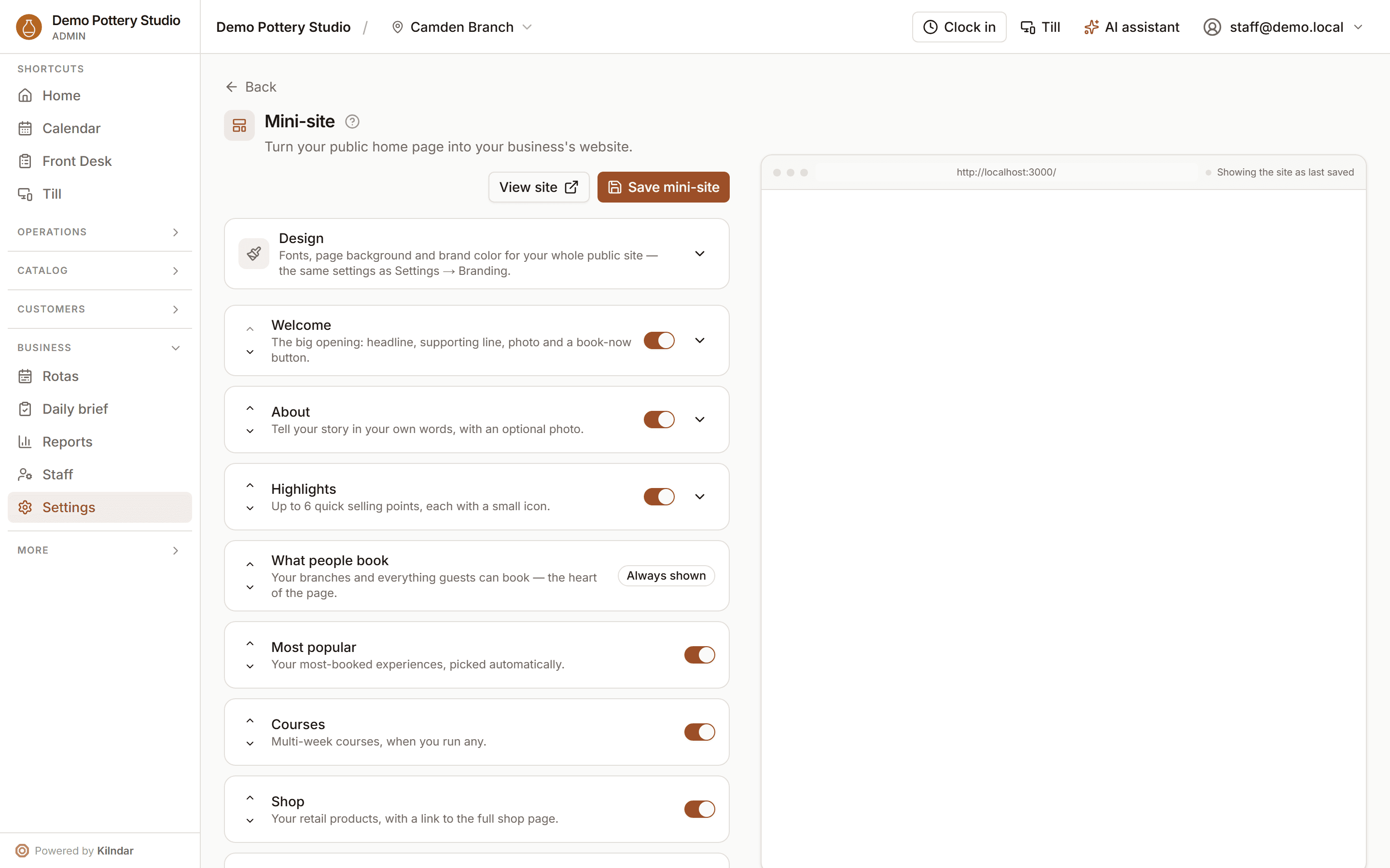 The mini-site editor: building a branded public booking site with a live preview