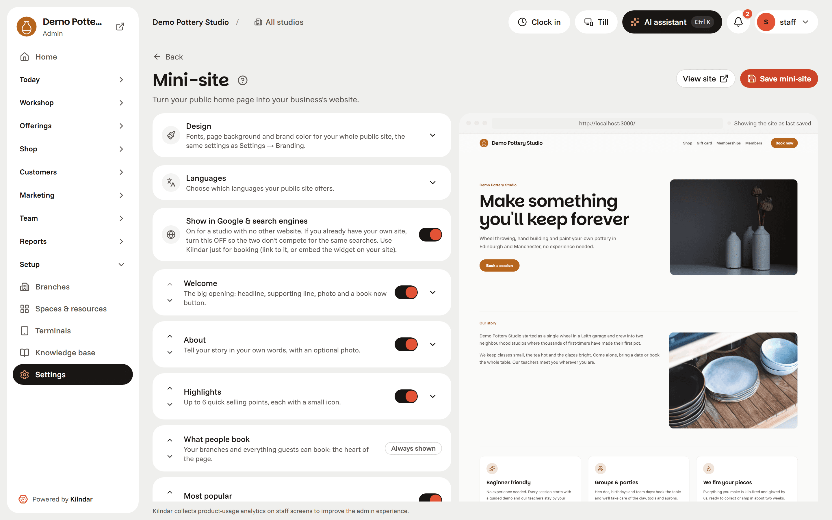 The mini-site editor: building a branded public booking site with a live preview