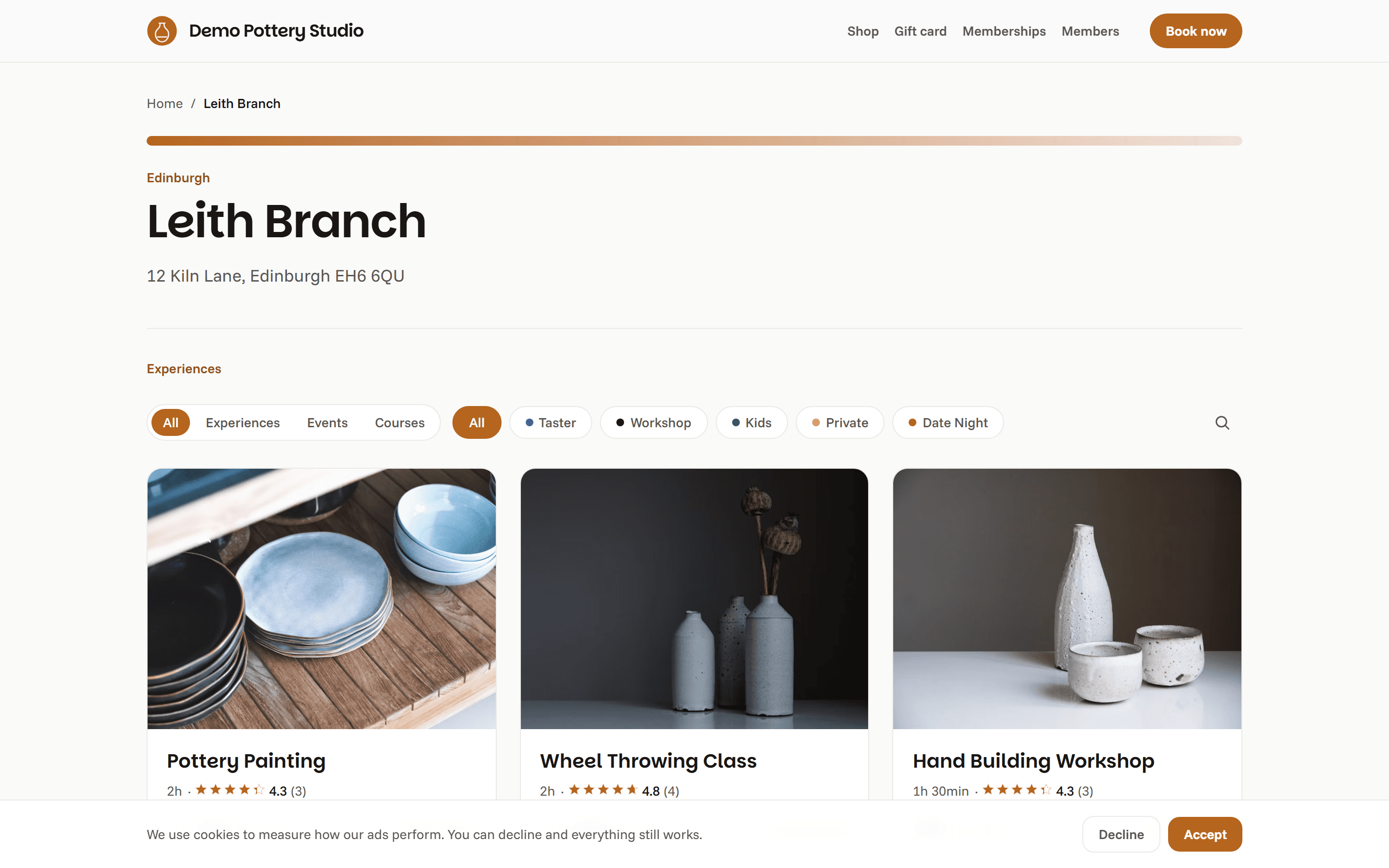 The public catalog: every experience and course a studio offers, bookable online