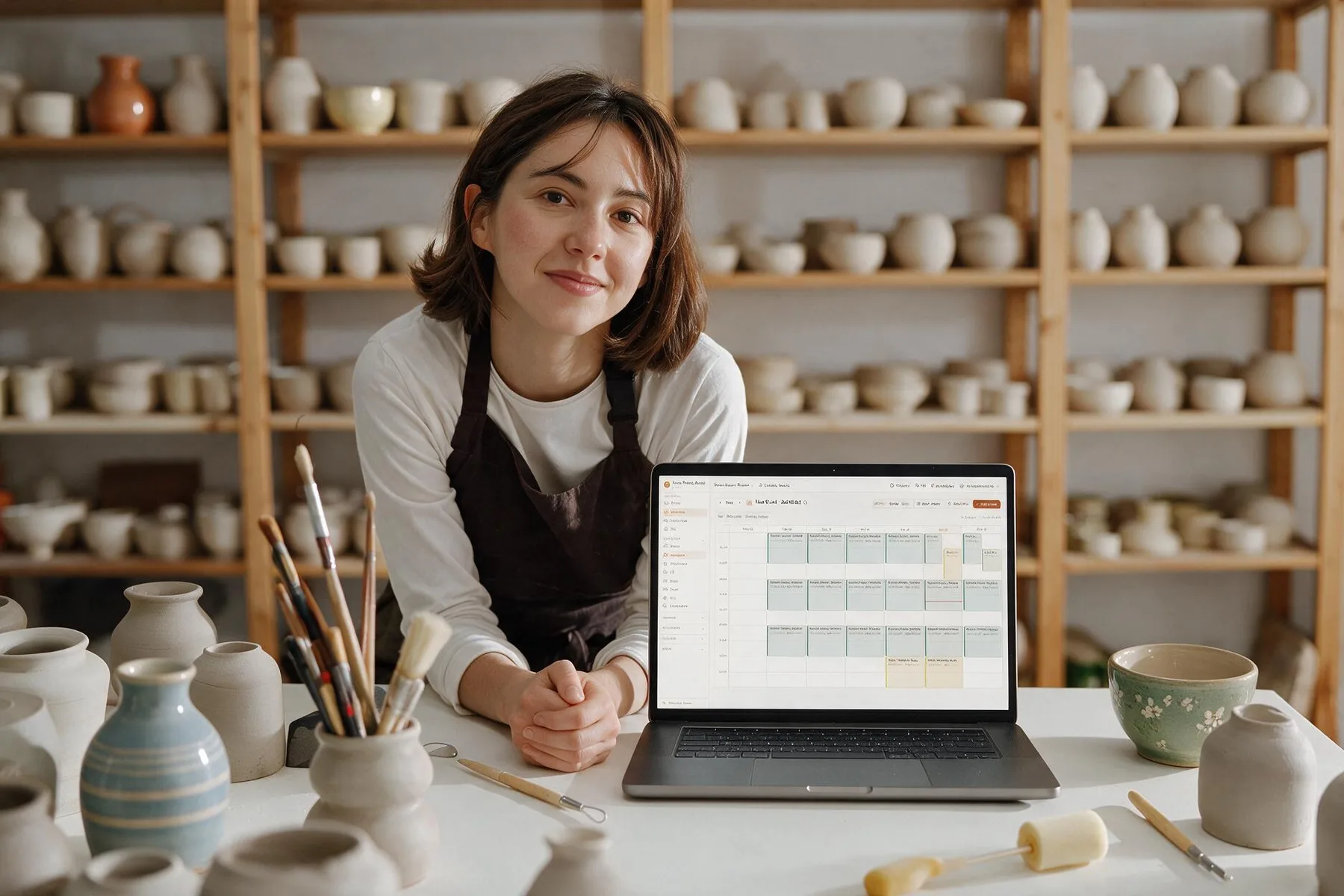 Working at a laptop in a bright pottery studio