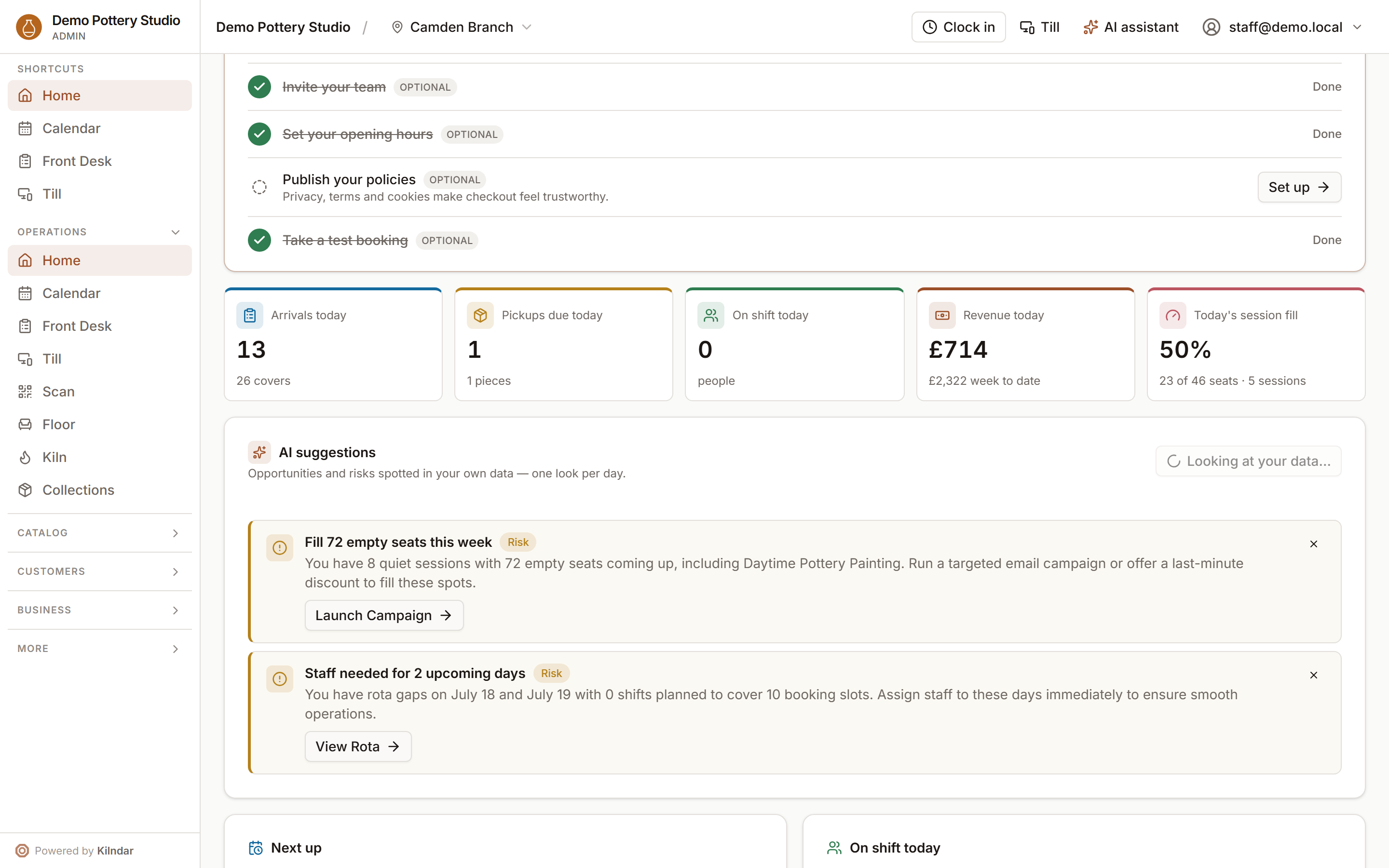 The Home dashboard with arrivals, pickups, on-shift, revenue and session fill