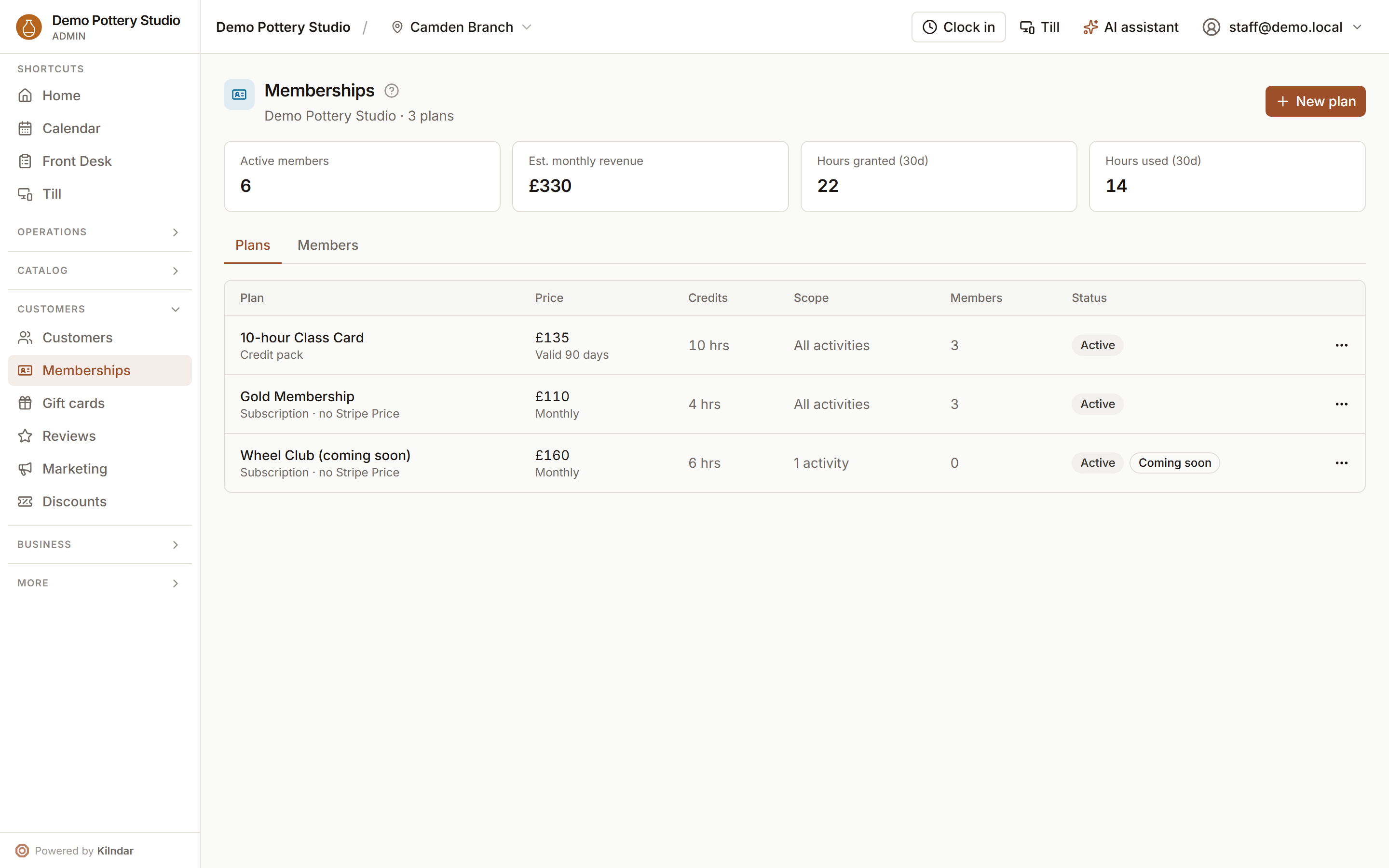 Membership plans with credit packs and member counts