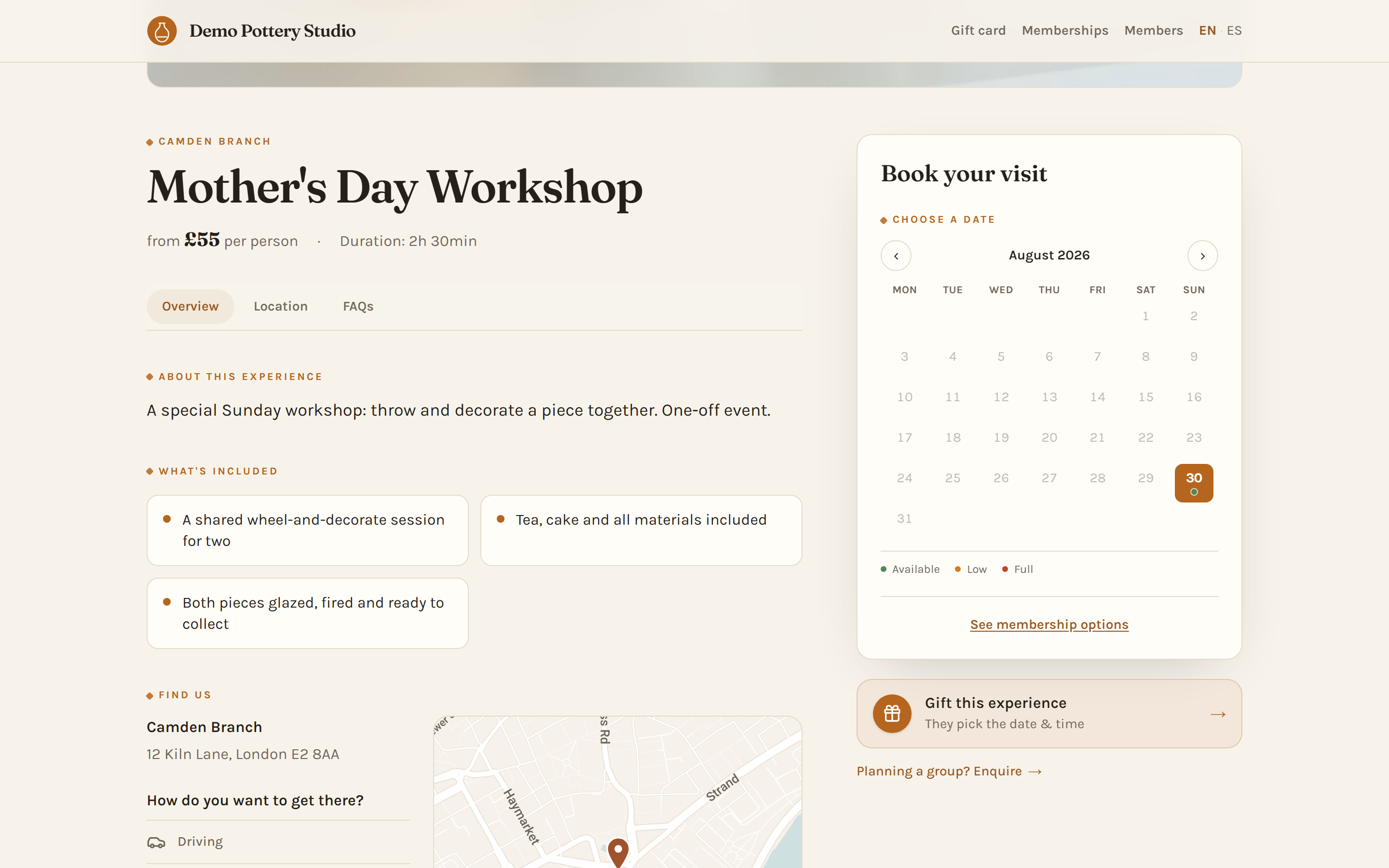A public experience page with gallery, highlights and inline booking